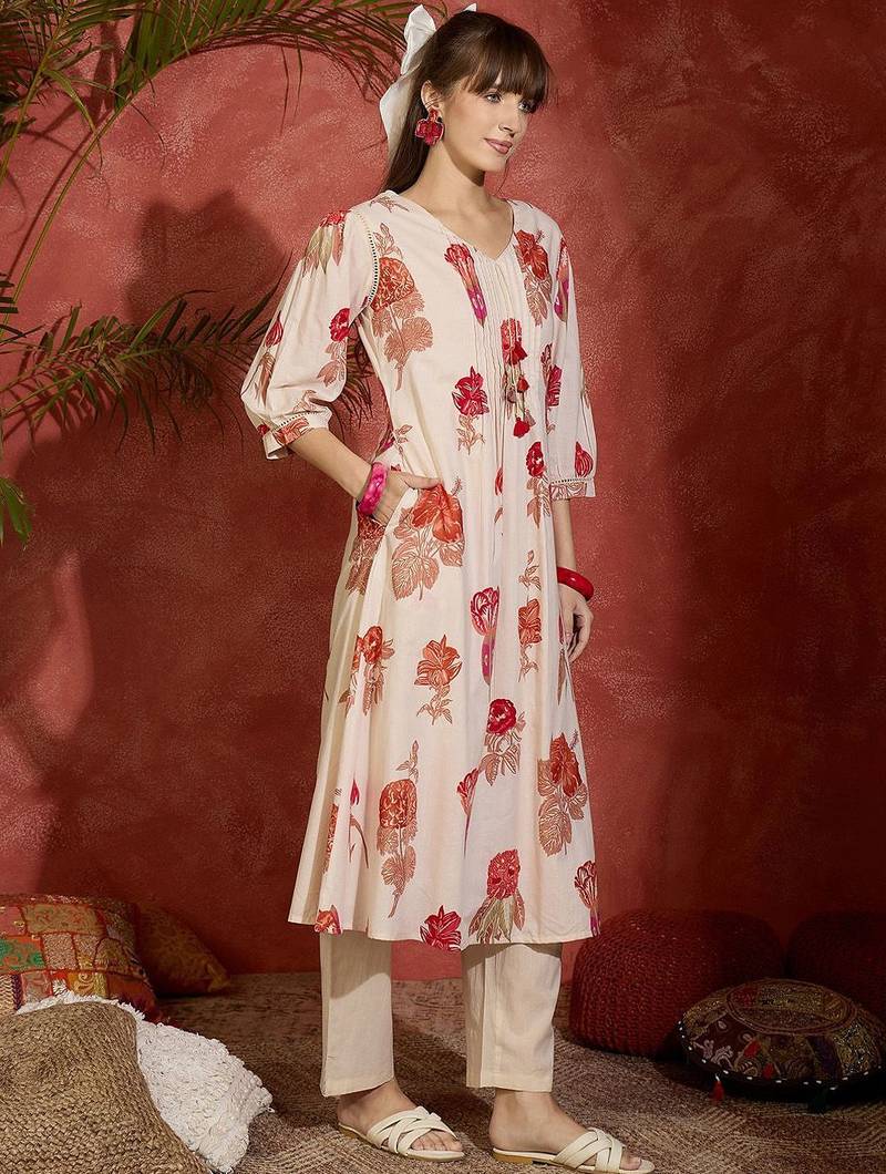 Women Floral Printed Pure Cotton A-Line Kurta with Trousers