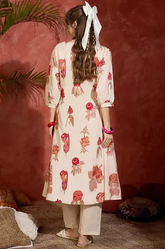 Women Floral Printed Pure Cotton A-Line Kurta with Trousers