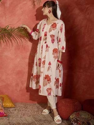 Women Floral Printed Pure Cotton A-Line Kurta with Trousers 6