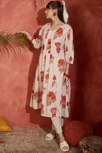 Women Floral Printed Pure Cotton A-Line Kurta with Trousers