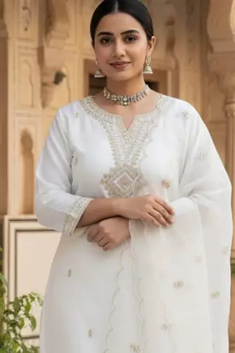 Floral Embroidered Notch Neck Sequinned Straight Kurta With Trousers & Dupatta