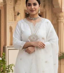 Floral Embroidered Notch Neck Sequinned Straight Kurta With Trousers & Dupatta