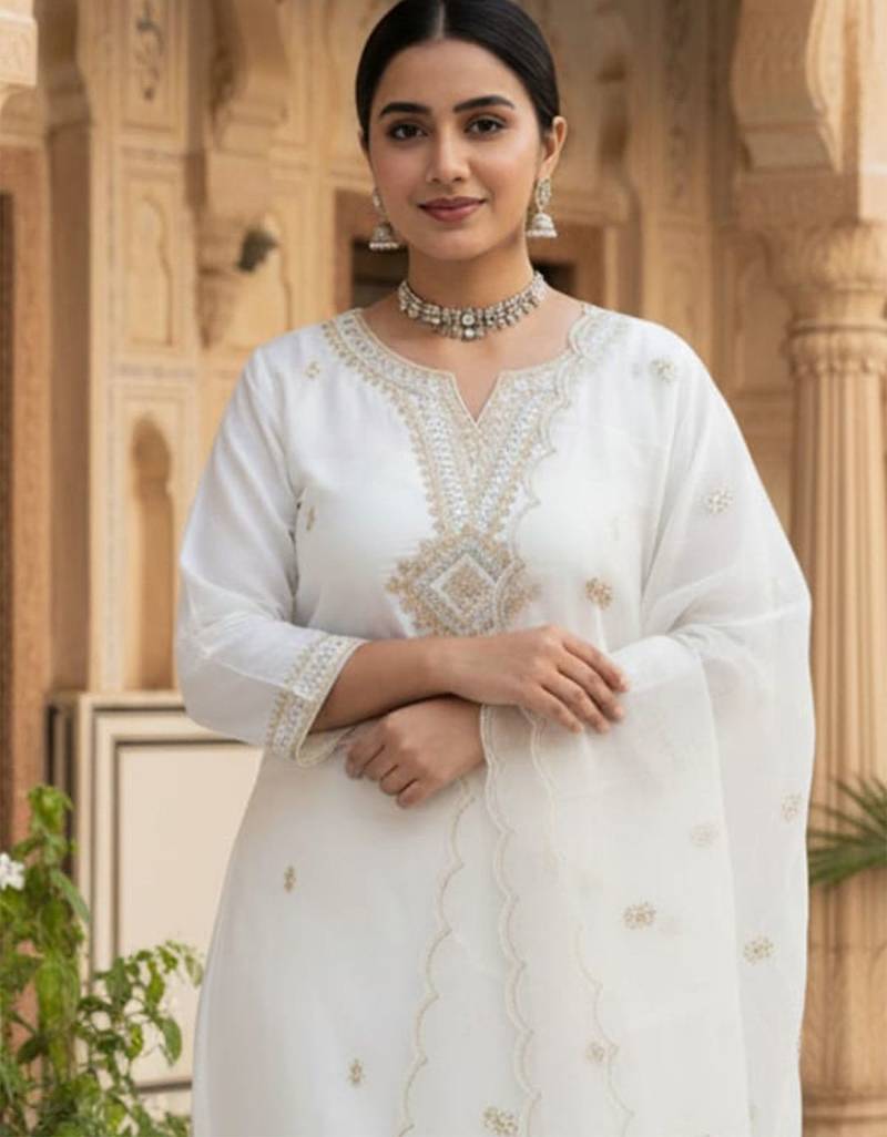 Floral Embroidered Notch Neck Sequinned Straight Kurta With Trousers & Dupatta