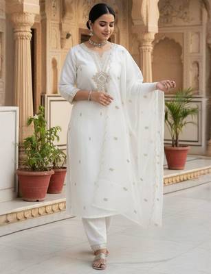 Floral Embroidered Notch Neck Sequinned Straight Kurta With Trousers & Dupatta 1