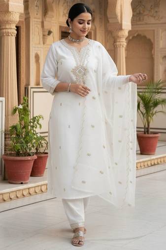 Floral Embroidered Notch Neck Sequinned Straight Kurta With Trousers & Dupatta