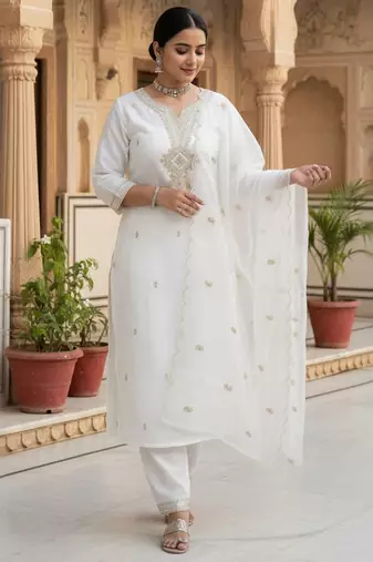 Floral Embroidered Notch Neck Sequinned Straight Kurta With Trousers & Dupatta