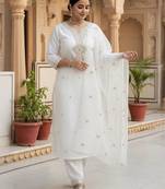 Floral Embroidered Notch Neck Sequinned Straight Kurta With Trousers & Dupatta