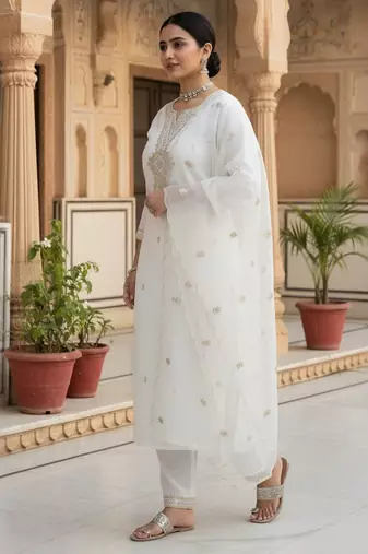 Floral Embroidered Notch Neck Sequinned Straight Kurta With Trousers & Dupatta