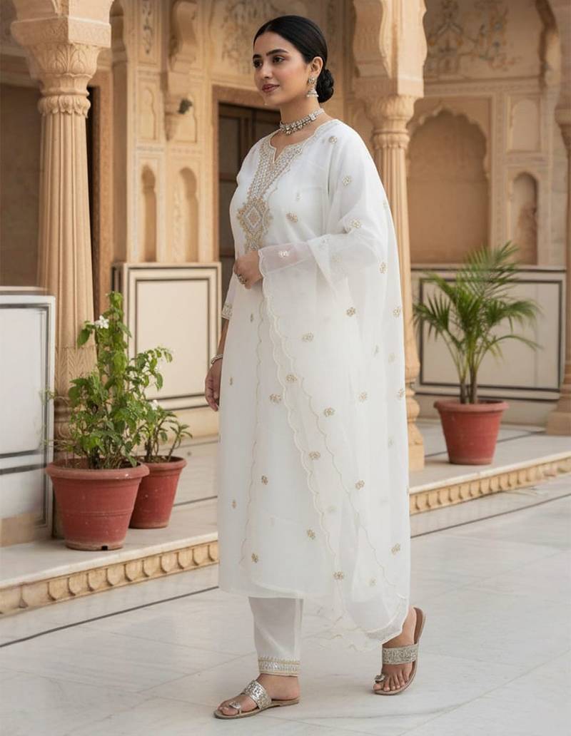Floral Embroidered Notch Neck Sequinned Straight Kurta With Trousers & Dupatta