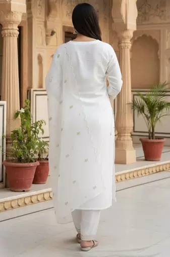 Floral Embroidered Notch Neck Sequinned Straight Kurta With Trousers & Dupatta