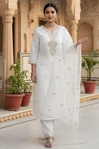 Floral Embroidered Notch Neck Sequinned Straight Kurta With Trousers & Dupatta