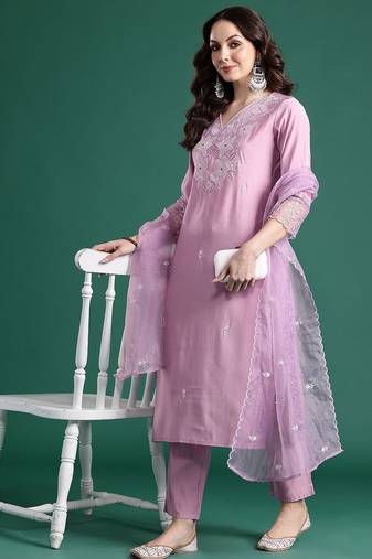 Floral Embroidered Kurta with Trousers & Dupatta