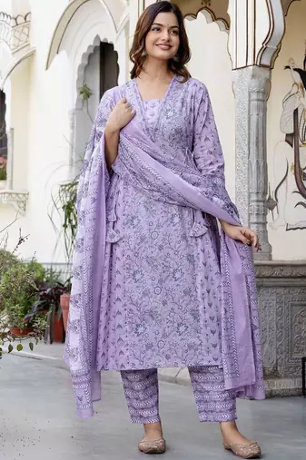 Floral Printed Panelled Square Neck Pure Cotton Kurta With Trousers & Dupatta