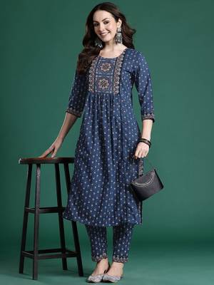 Ethnic Motifs Printed Panelled Beads & Stones Pure Cotton Kurta with Trousers 1