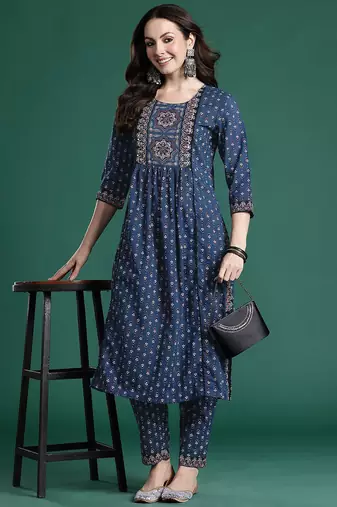 Ethnic Motifs Printed Panelled Beads & Stones Pure Cotton Kurta with Trousers