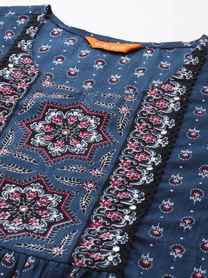 Ethnic Motifs Printed Panelled Beads & Stones Pure Cotton Kurta with Trousers 2