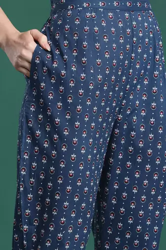 Ethnic Motifs Printed Panelled Beads & Stones Pure Cotton Kurta with Trousers
