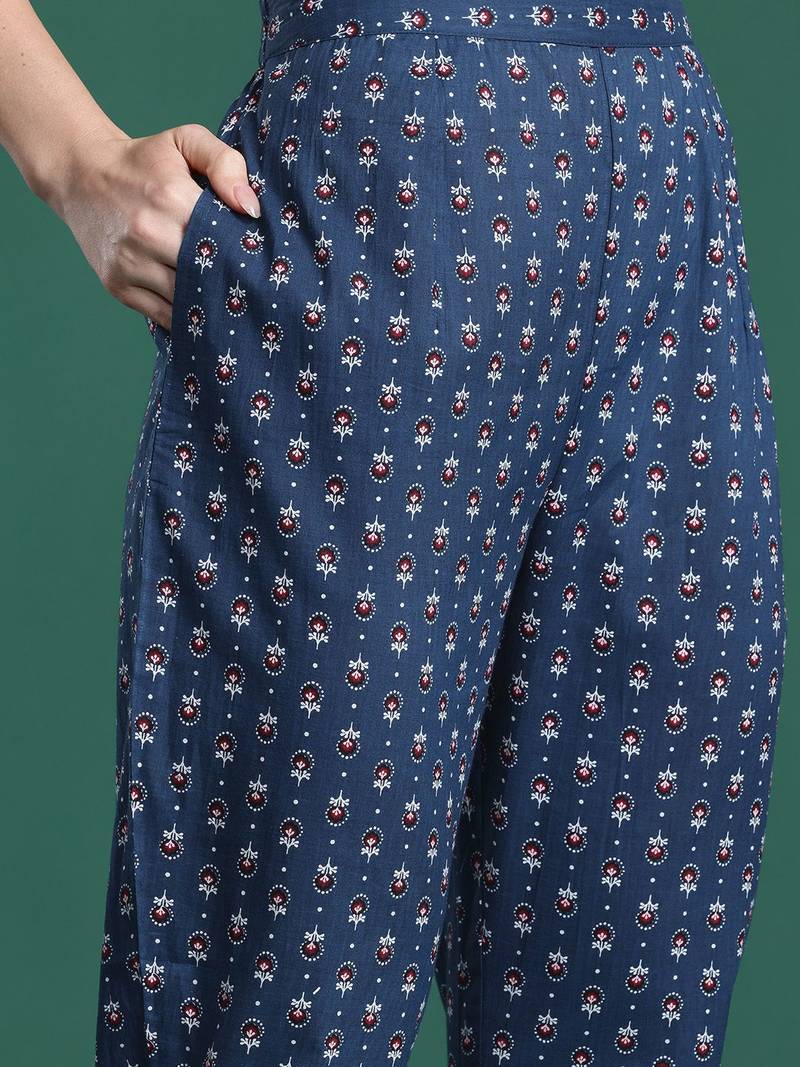 Ethnic Motifs Printed Panelled Beads & Stones Pure Cotton Kurta with Trousers