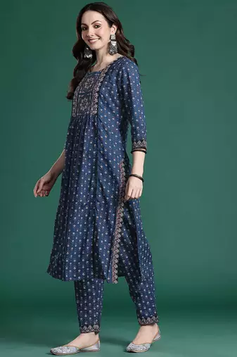 Ethnic Motifs Printed Panelled Beads & Stones Pure Cotton Kurta with Trousers