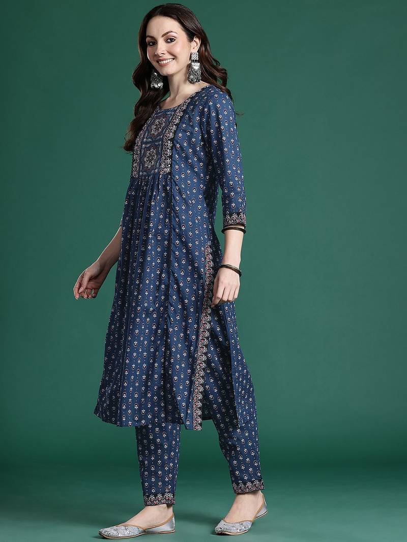 Ethnic Motifs Printed Panelled Beads & Stones Pure Cotton Kurta with Trousers