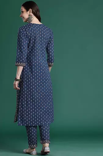 Ethnic Motifs Printed Panelled Beads & Stones Pure Cotton Kurta with Trousers