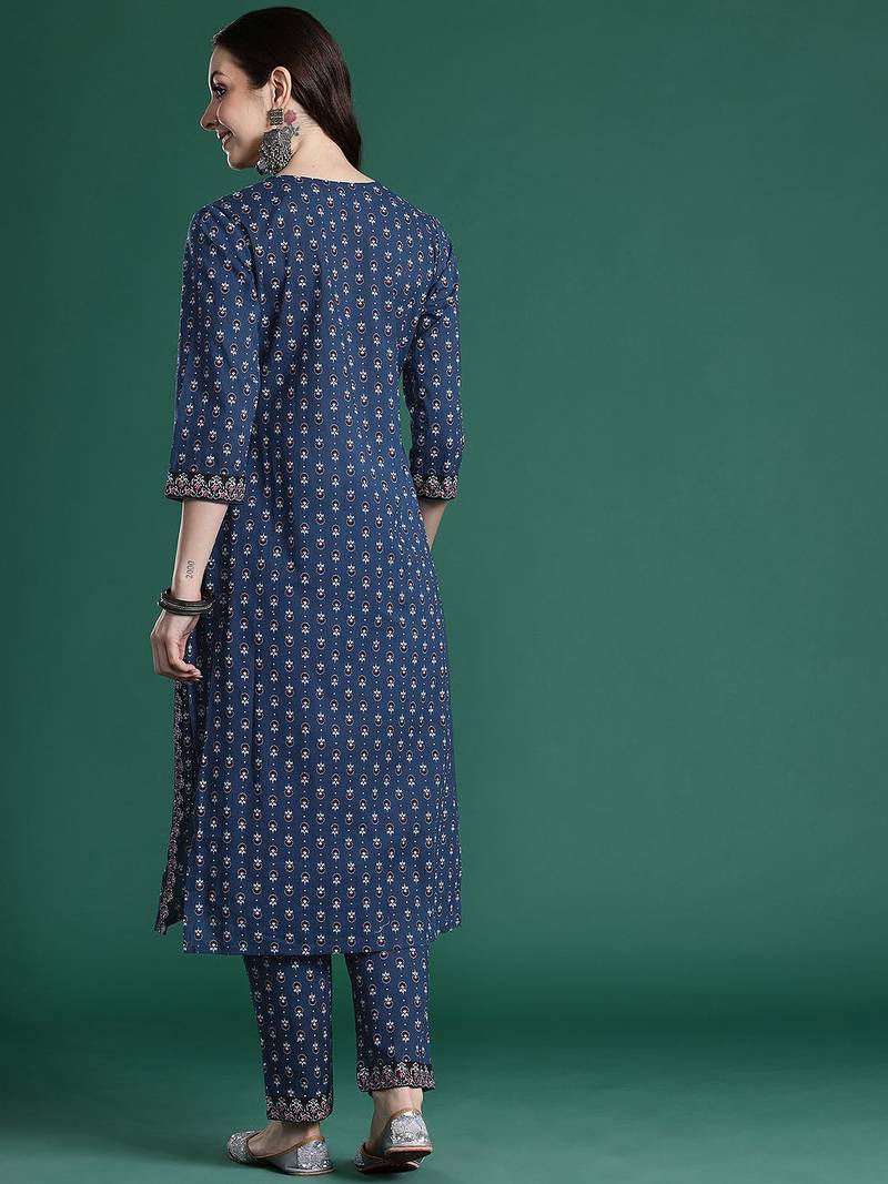 Ethnic Motifs Printed Panelled Beads & Stones Pure Cotton Kurta with Trousers