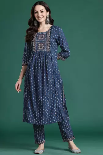 Ethnic Motifs Printed Panelled Beads & Stones Pure Cotton Kurta with Trousers