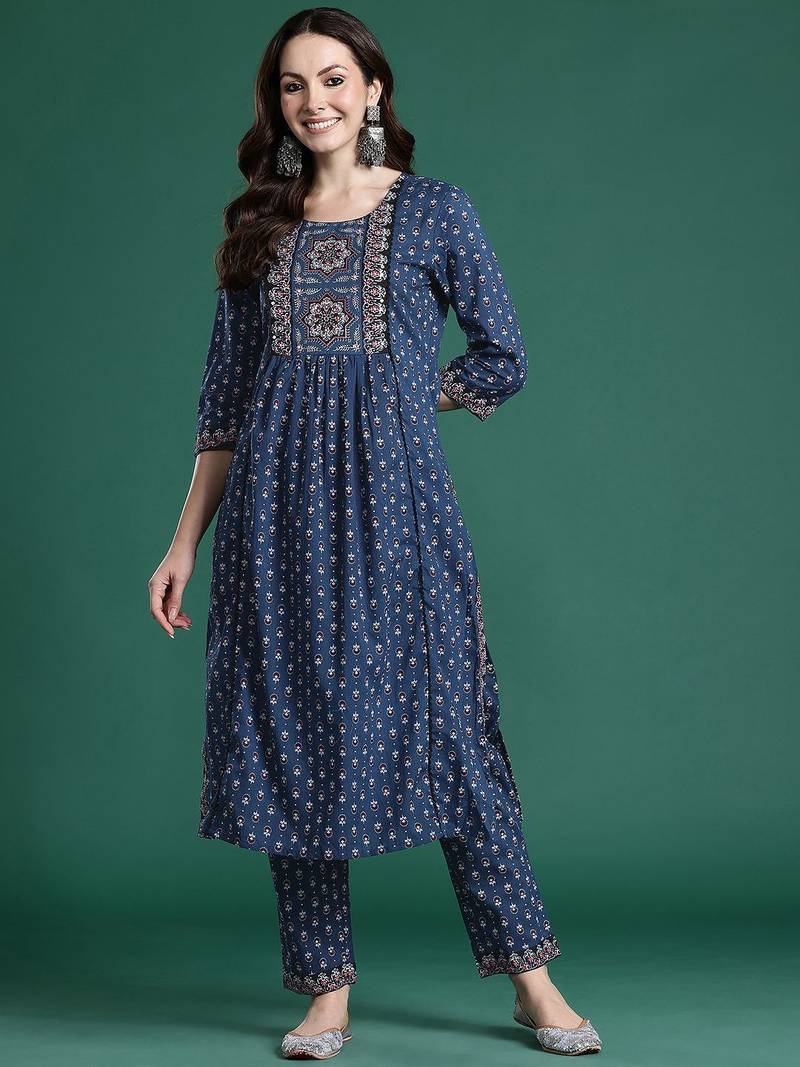 Ethnic Motifs Printed Panelled Beads & Stones Pure Cotton Kurta with Trousers
