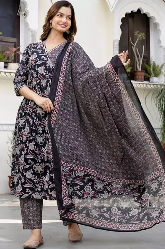 Women Floral Printed Angrakha Pure Cotton Kurta with Trousers & With Dupatta