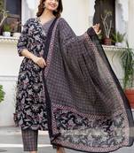 Women Floral Printed Angrakha Pure Cotton Kurta with Trousers & With Dupatta