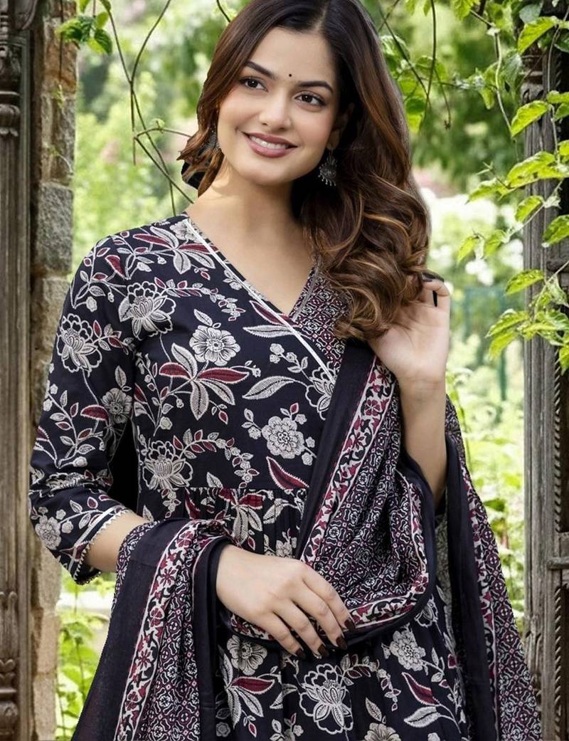 Women Floral Printed Angrakha Pure Cotton Kurta with Trousers & With Dupatta