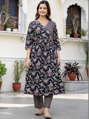 Women Floral Printed Angrakha Pure Cotton Kurta with Trousers & With Dupatta 3