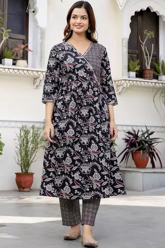 Women Floral Printed Angrakha Pure Cotton Kurta with Trousers & With Dupatta