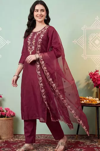 Women Ethnic Motifs Embroidered Regular Thread Work Kurta with Trousers & With Dupatta