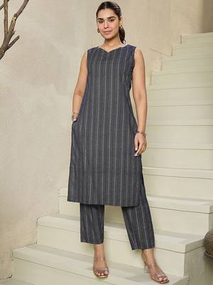 Striped Regular Pure Cotton Kurta With Trousers 2