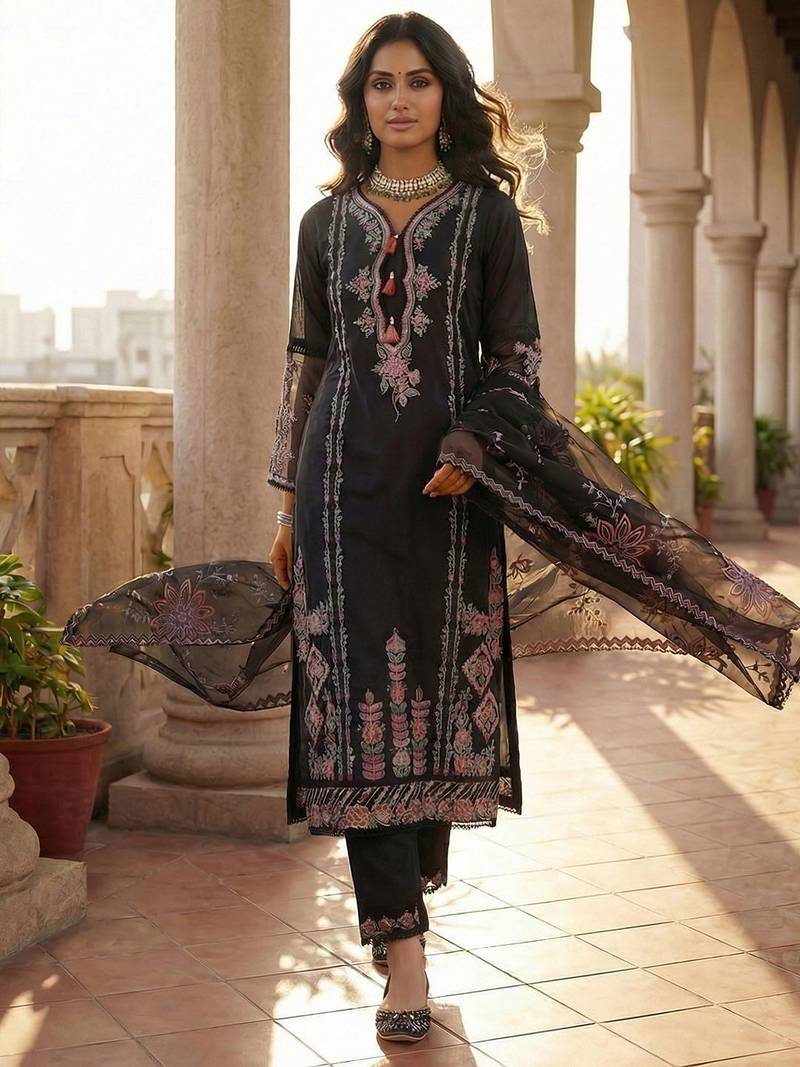 Women Floral Embroidered Regular Thread Work Kurta with Trousers & With Dupatta