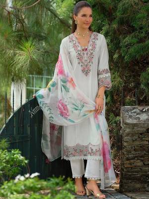 Floral Yoke Design Notch Neck Thread Work A-Line Kurta & Dupatta with Trousers 1