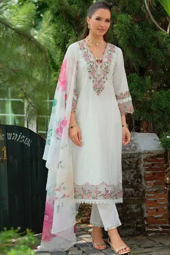 Floral Yoke Design Notch Neck Thread Work A-Line Kurta & Dupatta with Trousers