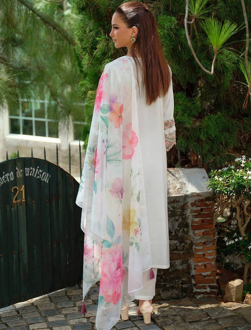 Floral Yoke Design Notch Neck Thread Work A-Line Kurta & Dupatta with Trousers