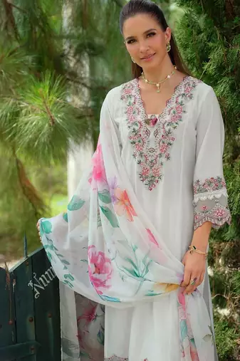 Floral Yoke Design Notch Neck Thread Work A-Line Kurta & Dupatta with Trousers