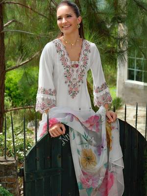 Floral Yoke Design Notch Neck Thread Work A-Line Kurta & Dupatta with Trousers 6