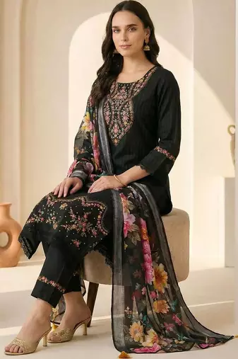 Women Ethnic Motifs Embroidered Regular Thread Work Pure Cotton Kurta with Trousers & With Dupatta