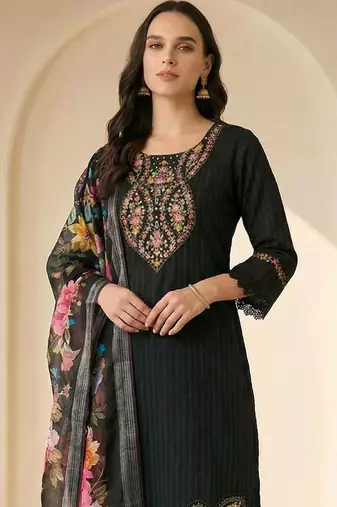 Women Ethnic Motifs Embroidered Regular Thread Work Pure Cotton Kurta with Trousers & With Dupatta