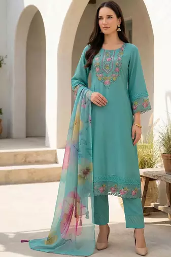 Women Floral Embroidered Regular Thread Work Kurta with Trousers & With Dupatta