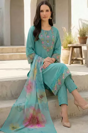 Women Floral Embroidered Regular Thread Work Kurta with Trousers & With Dupatta