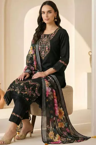 Women Floral Embroidered Regular Thread Work Pure Cotton Kurta with Trousers & With Dupatta