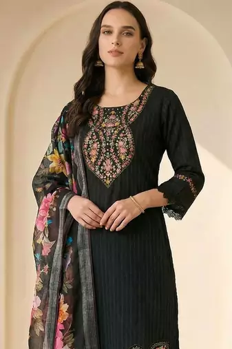 Women Floral Embroidered Regular Thread Work Pure Cotton Kurta with Trousers & With Dupatta
