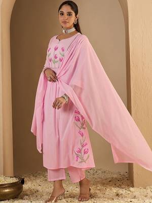 Women Floral Embroidered Panelled Thread Work Pure Cotton Kurta with Trousers & With Dupatta 3