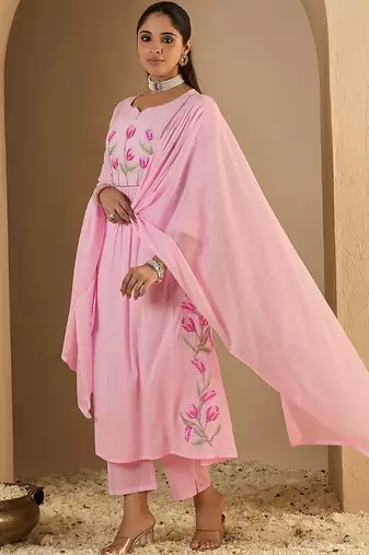 Women Floral Embroidered Panelled Thread Work Pure Cotton Kurta with Trousers & With Dupatta