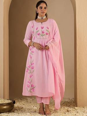Women Floral Embroidered Panelled Thread Work Pure Cotton Kurta with Trousers & With Dupatta 4